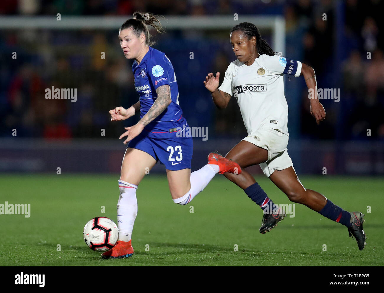 Chelsea Women's Ramona Bachmann in action with Paris Saint-Germain Women's  Formiga during the UEFA Women's Champions League quarter final first leg  match at the Cherry Red Records Stadium, London Stock Photo -