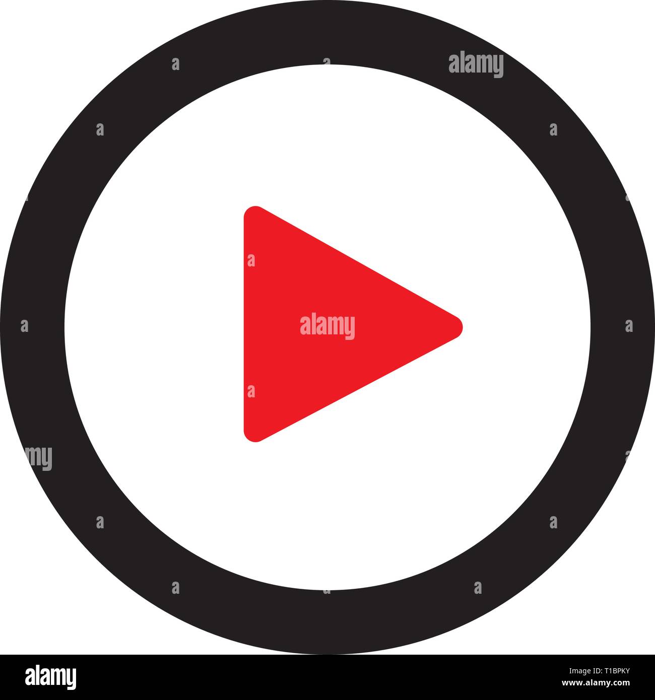 Red  play button,  video and music icon. A triangle within a  circle is a media player symbol. Video and audio multimedia reproduction.  Isolated vector illustration on white background. Stock Vector