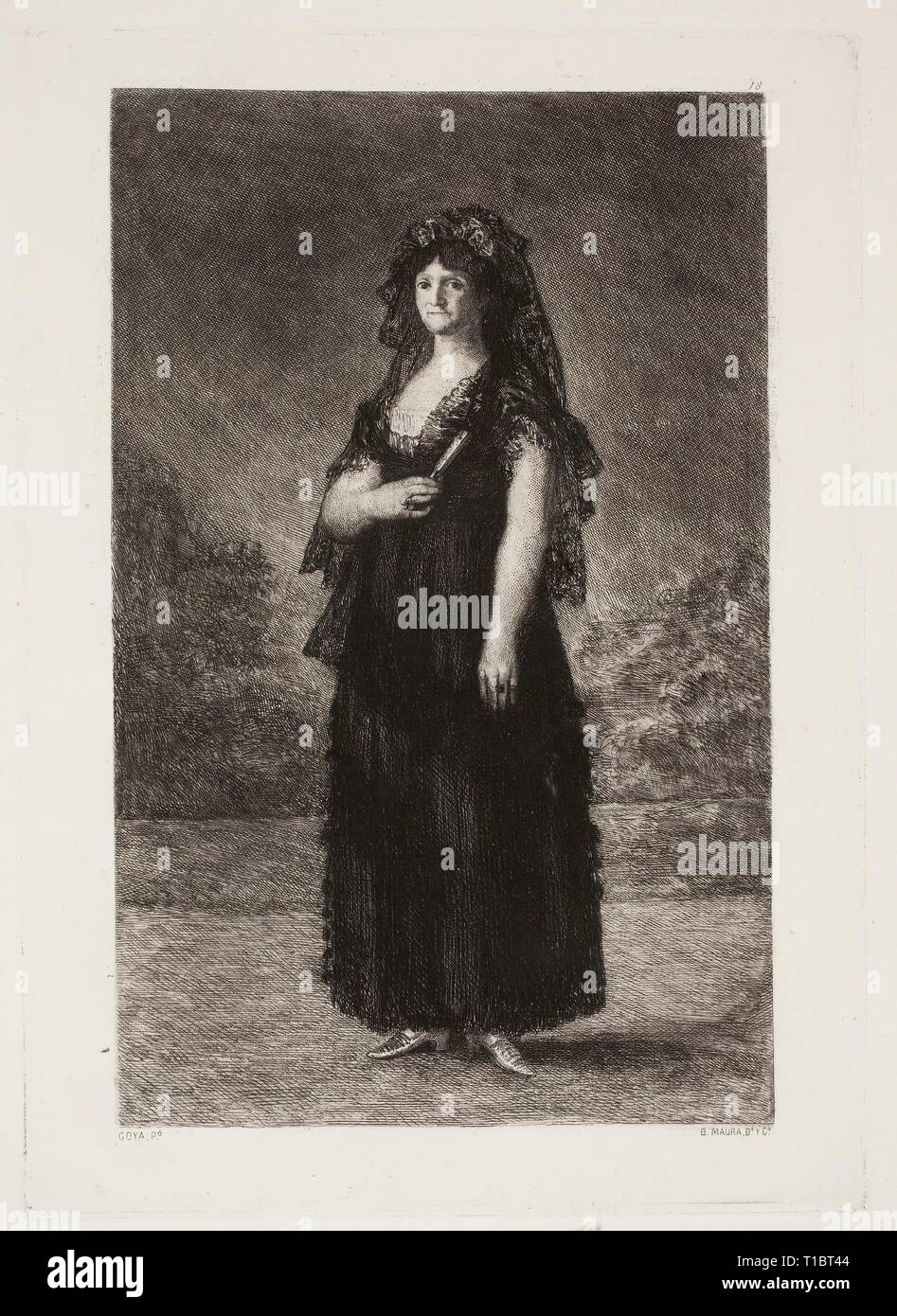 Bartolomé Maura y Montaner (Engraver and drawer) (The original work, according to inscriptions, attributed to Goya y Lucientes, Francisco de); Agustín Esteve (After); Calcografía Nacional (Printer); Sociedad de Artistas / 'Queen María Luisa, in a Mantilla'. 1876. Etching, Roulette on wove paper. Museum: Museo del Prado, Madrid, España. Stock Photo