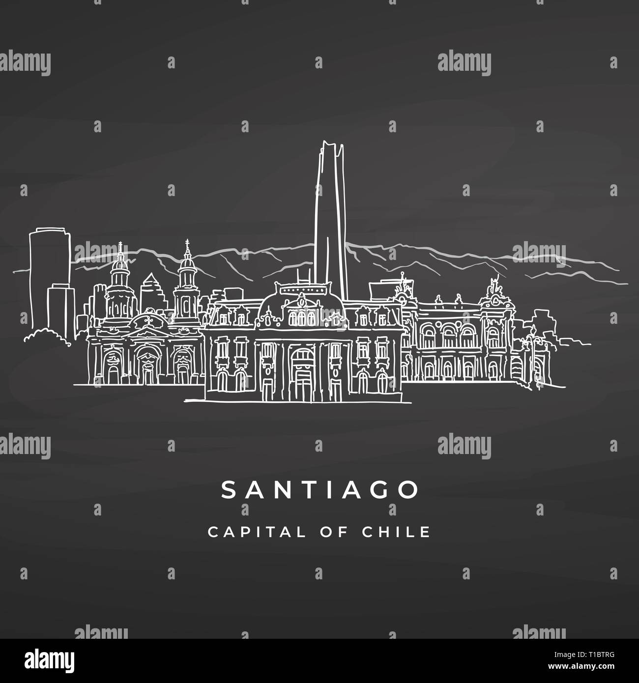 Santiago Chile famous buildings drawing on blackboard. Vector travel sketch. Stock Vector