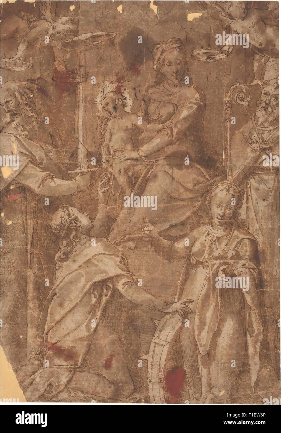 Anonymous / 'The Virgin and Child with Sts. Catherine, Agatha, Paul and a bishop saint'. Ca. 1600. Wash, Pencil, Grey-brown ink on yellow paper. Museum: Museo del Prado, Madrid, España. Stock Photo