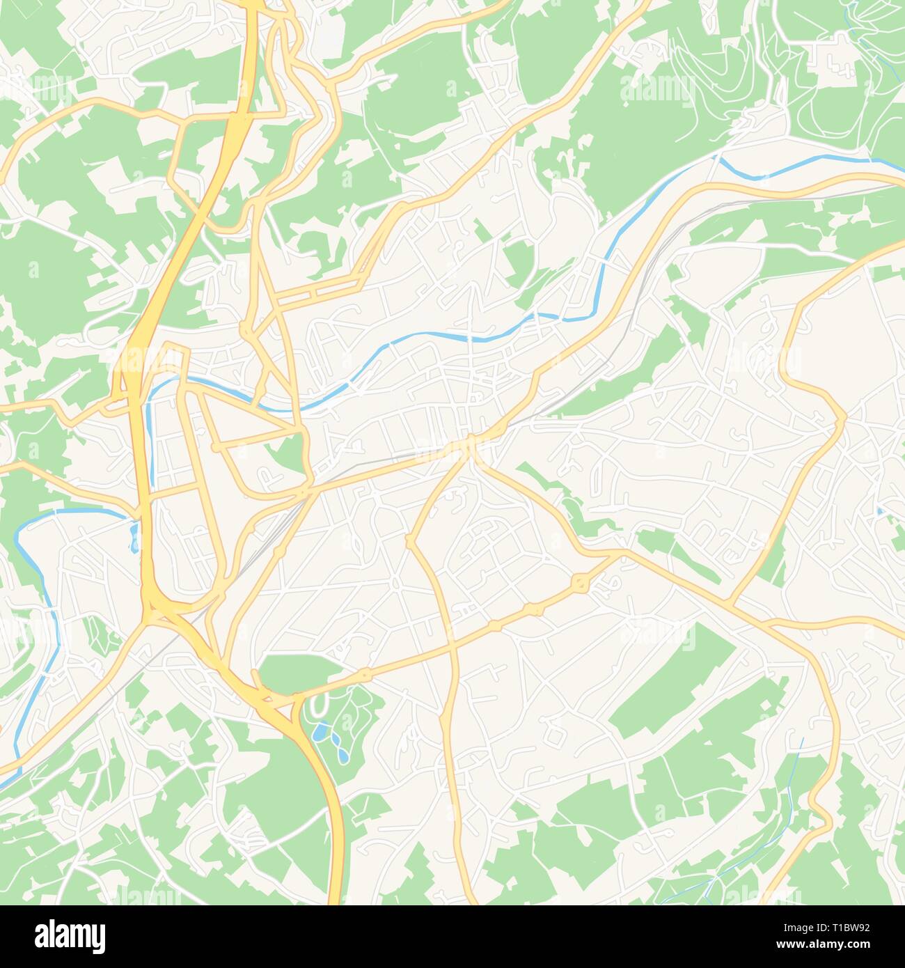 Printable map of Verviers, Belgium with main and secondary roads and larger railways. This map is carefully designed for routing and placing individua Stock Vector