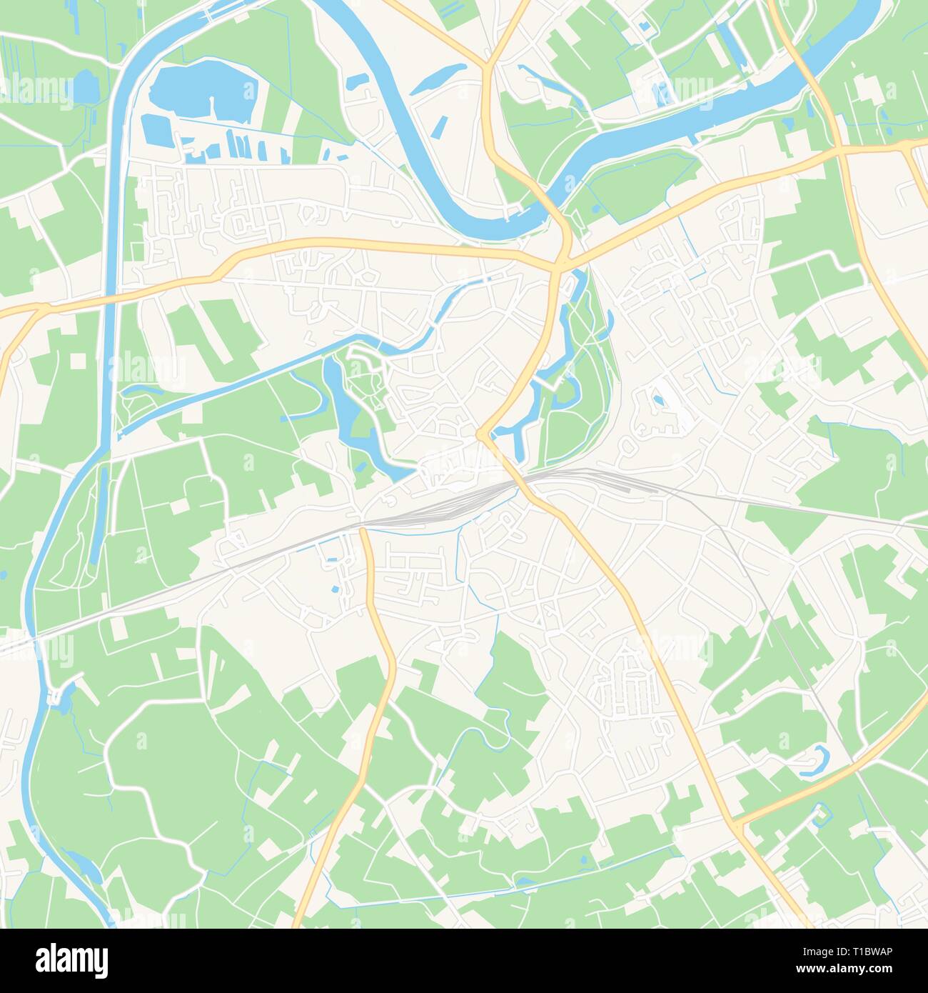 Printable map of Dendermonde , Belgium with main and secondary roads and larger railways. This map is carefully designed for routing and placing indiv Stock Vector