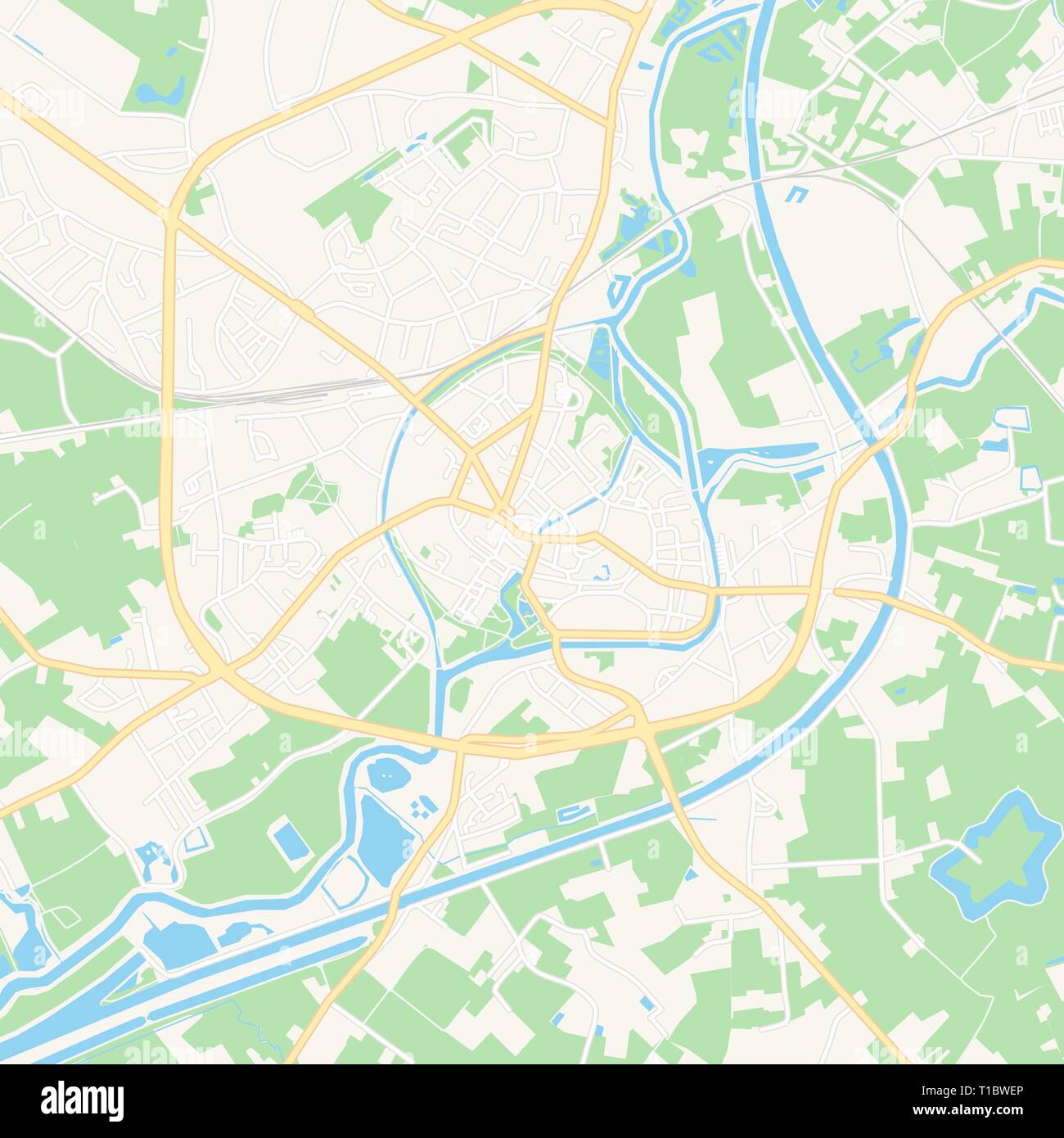 Printable map of Lier , Belgium with main and secondary roads and larger railways. This map is carefully designed for routing and placing individual d Stock Vector