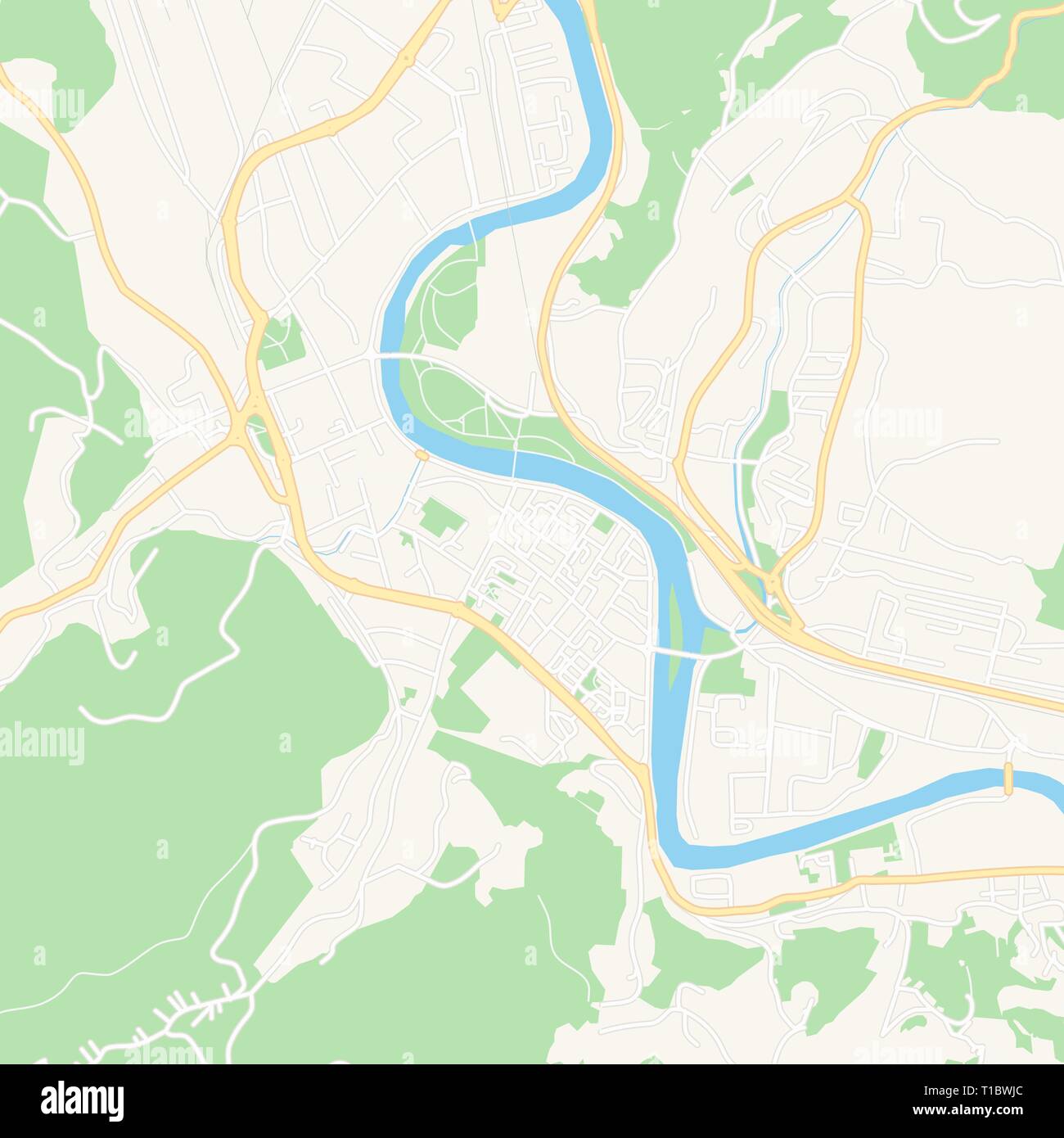 Printable map of Zenica, Bosnia and Herzegovina with main and secondary roads and larger railways. This map is carefully designed for routing and plac Stock Vector