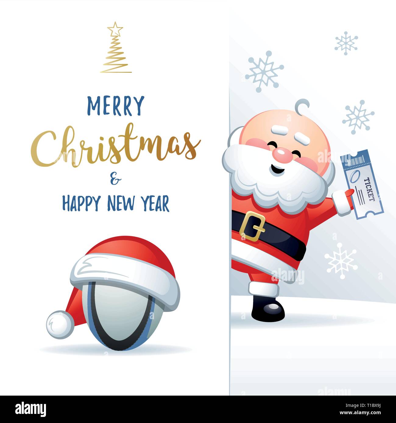 Merry Christmas and Happy New Year. Sports greeting card. Cute Santa Claus with Rugby ball and Ticket. Vector illustration. Stock Vector