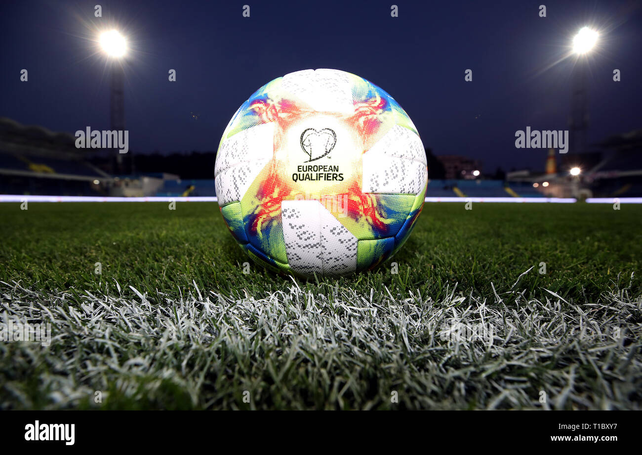 Close up of the official European Qualifiers ball before the UEFA Euro 2020 Qualifying, Group A match at the Podgorica City Stadium. Stock Photo