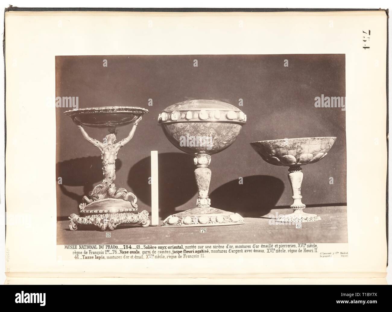 Juan Laurent y Minier (Photographer) / 'Cup with a gold mermaid, Jasper cup with cameos and emeralds, lapis lazuli goblet'. Ca. 1879. Albumen on photographic paper. Museum: Museo del Prado, Madrid, España. Stock Photo