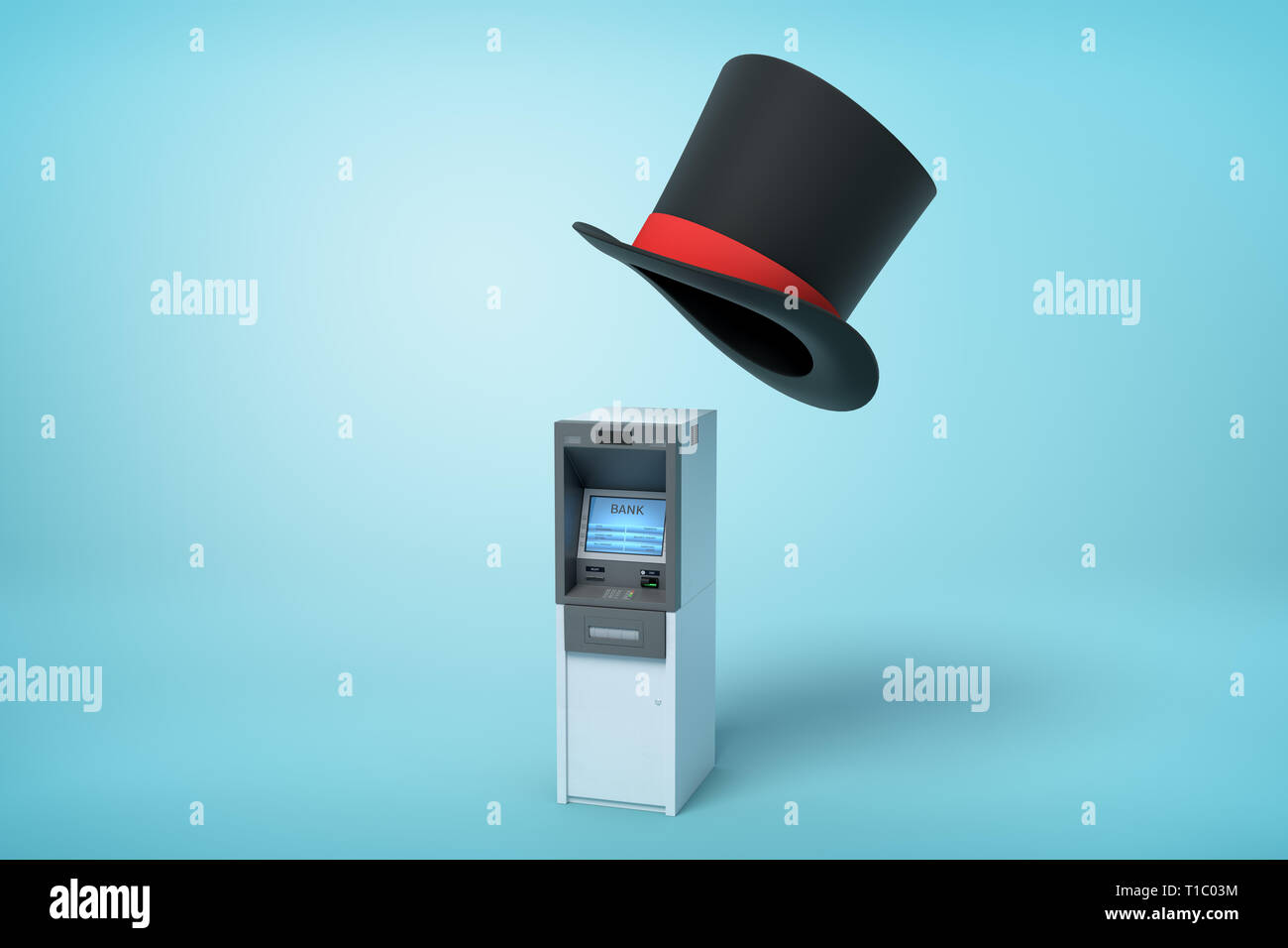 3d rendering of ATM and big black tophat floating in air above it on light blue background. Stock Photo