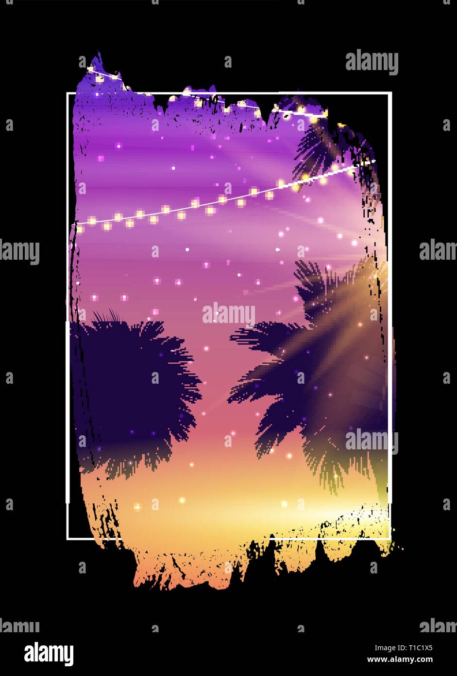 Summer Night Beach Poster. Tropical Natural Background with Palm. Decor ...