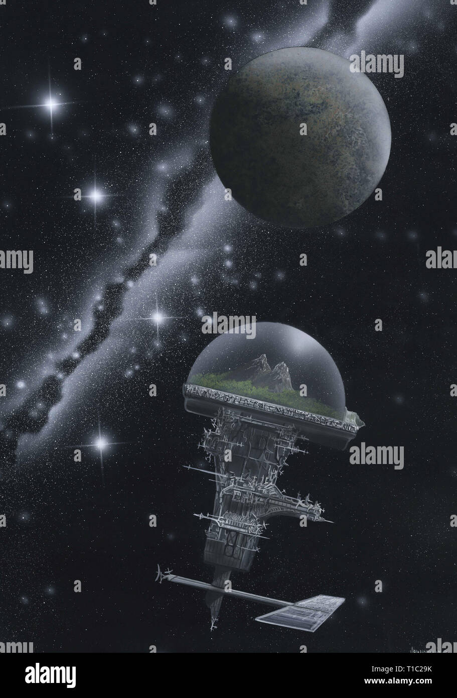 Earth hangs in the background void of water and baron. A giant craft leaves Earth to find a new planet. Stock Photo