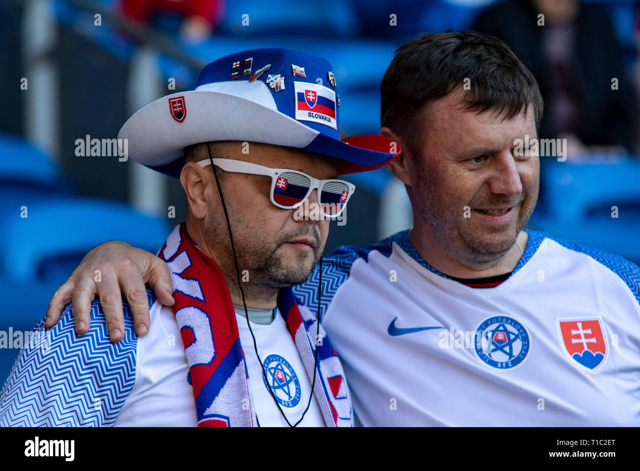 Slovakian Fans ahead of kick off. Wales v Slovakia UEFA Euro 2020 Qualifier at the Cardiff City Stadium. Stock Photo