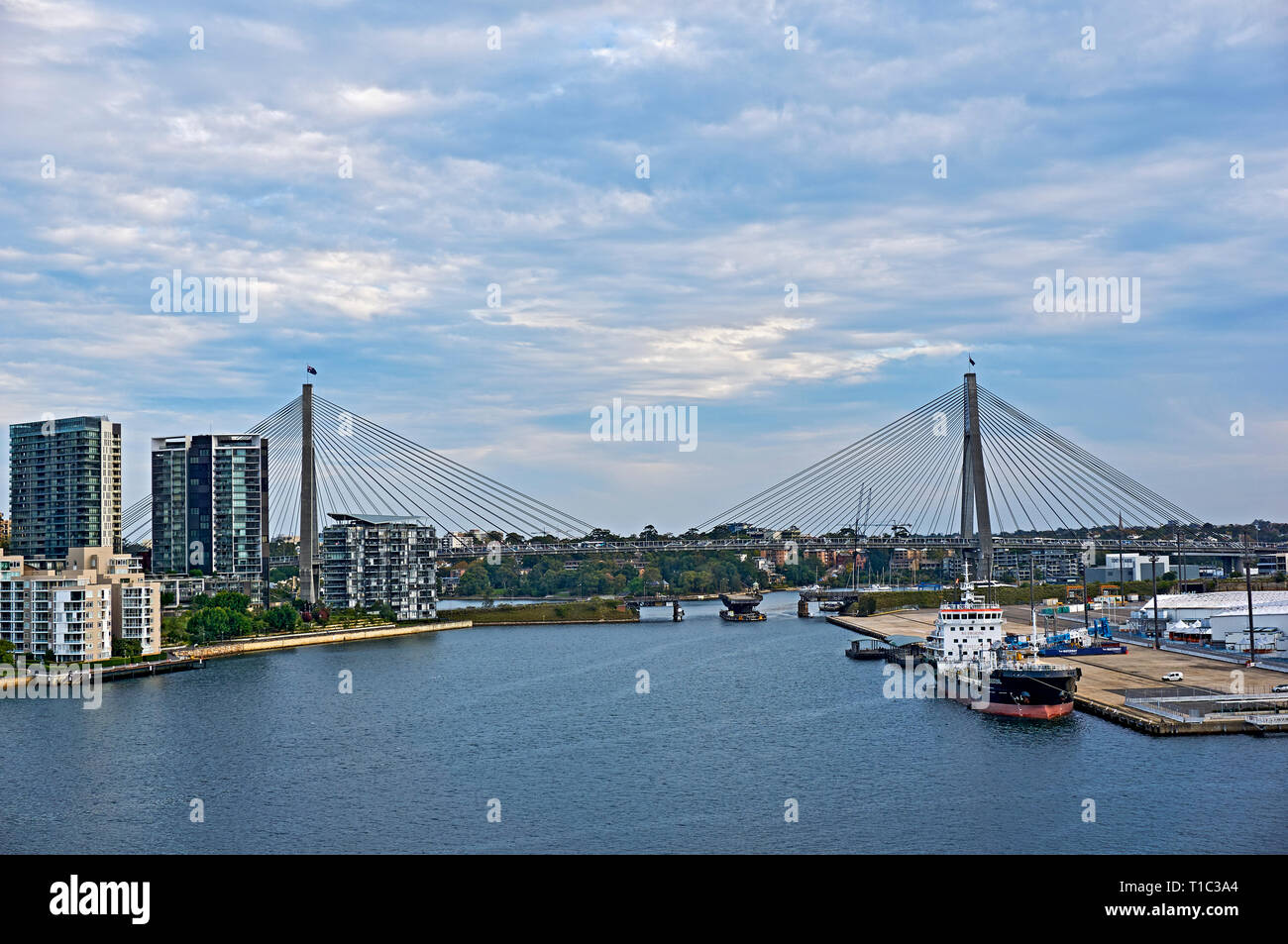 The Anzac Bridge is an 8-lane cable-stayed bridge spanning Johnstons Bay between Pyrmont and Glebe Island (part of the suburb of Rozelle), close to th Stock Photo