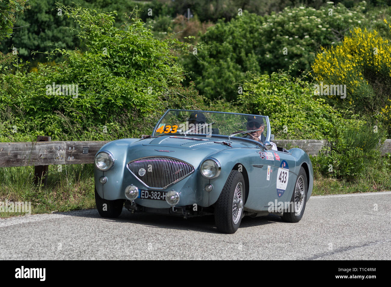 AUSTIN HEALEY 100/4 BN2 1956 on an old racing car in rally Mille Miglia 2018 the famous italian historical race (1927-1957) Stock Photo