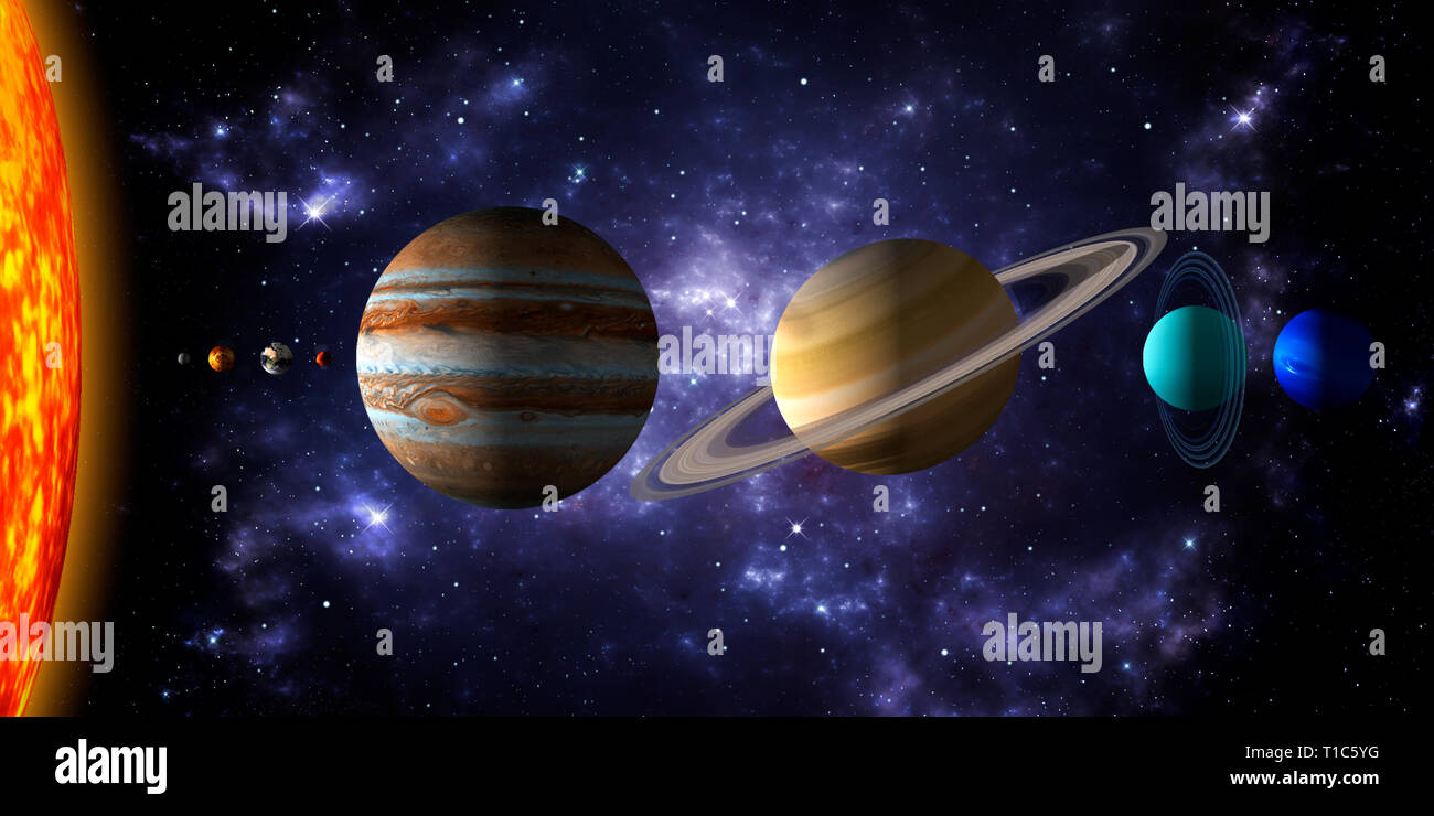 Sun and the eight planets of the solar system with deep space and dramatic nebula background.. Realistic 3d illustration of the rendering Stock Photo