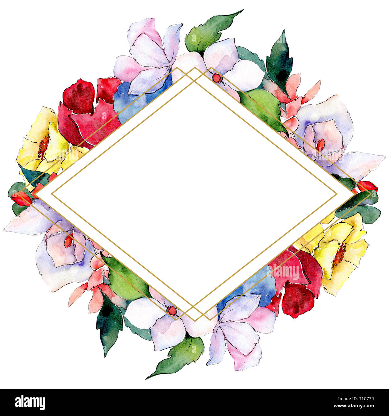 Bouquets floral botanical flowers. Watercolor background illustration set. Frame border ornament square. Stock Photo