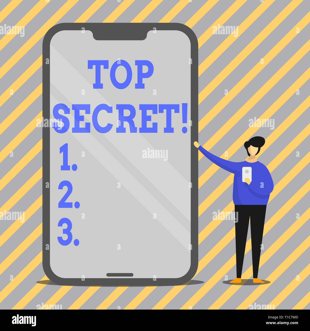 Writing note showing Top Secret. Business concept for highest secrec highly confidential files informations or places Man Presenting Huge Smartphone w Stock Photo