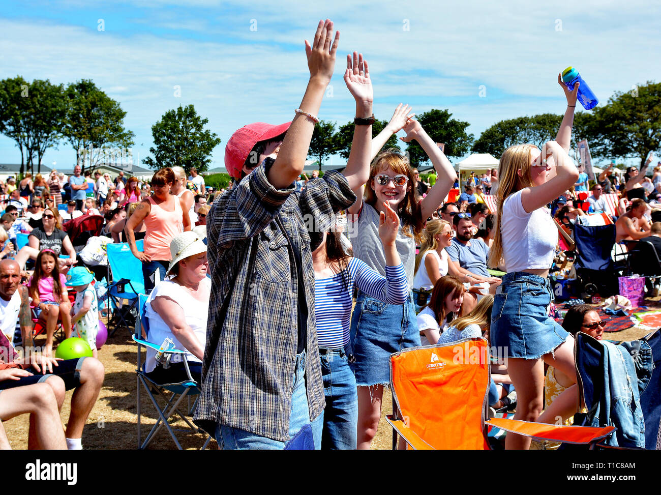Music fans cheering and singing along at Music Festivals, England UK