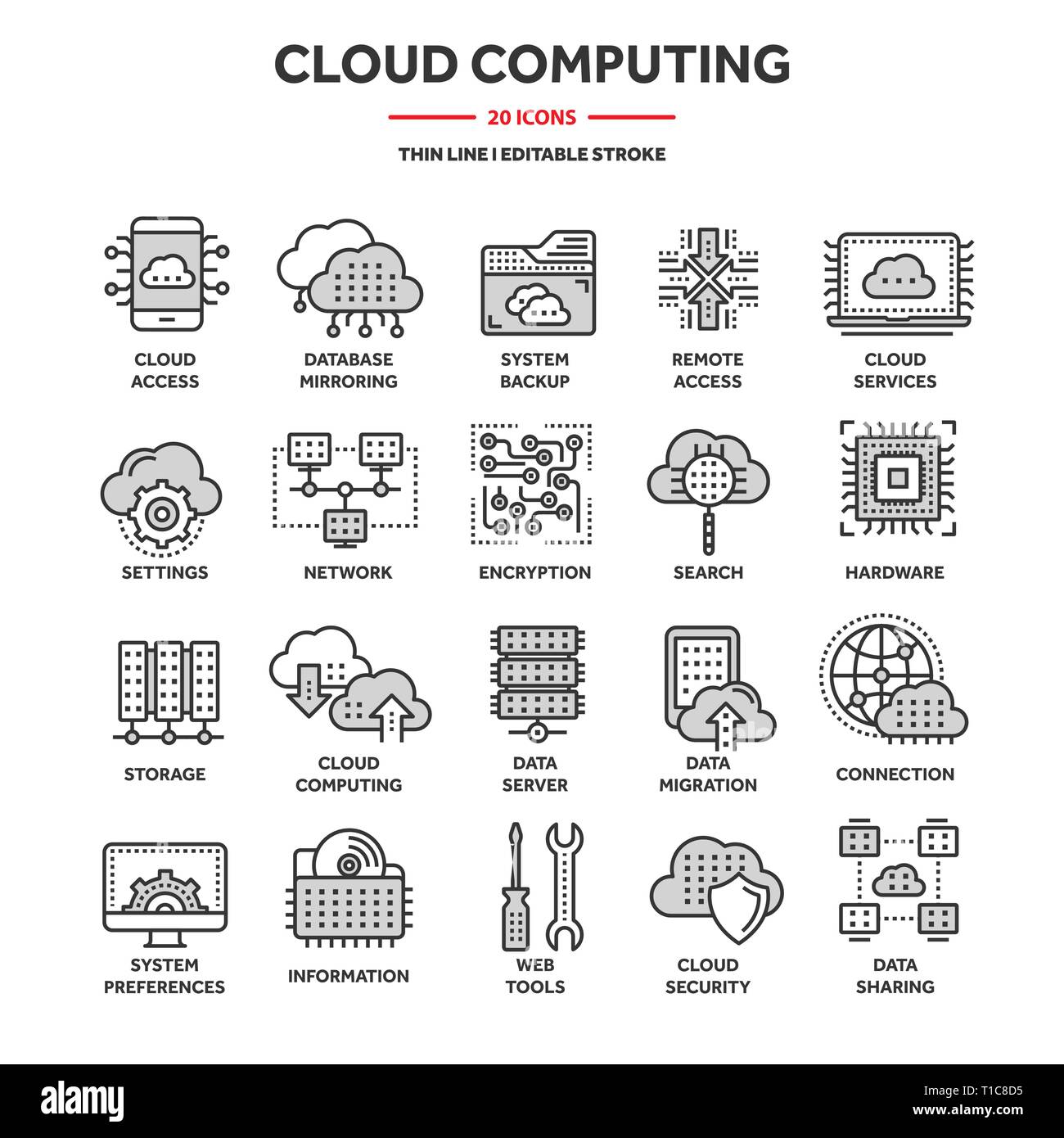 Cloud computing. Internet technology. Online services. Data, information security. Connection. Thin line blue web icon set. Outline icons collection Stock Vector