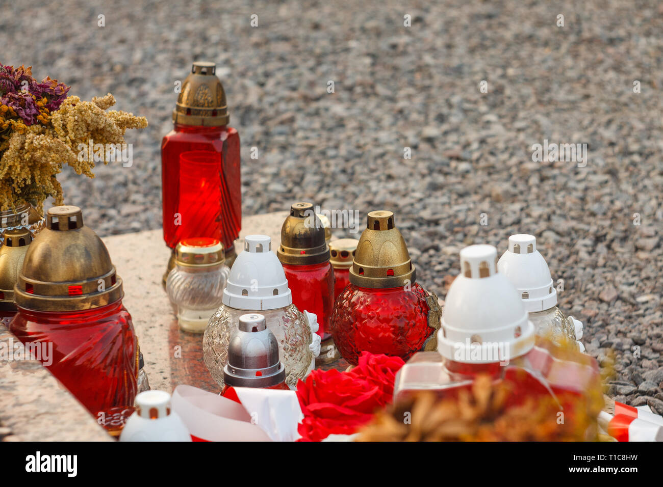 Red Ritual Candle Lanterns Outside the Church at the Burial Site. Glyph ...