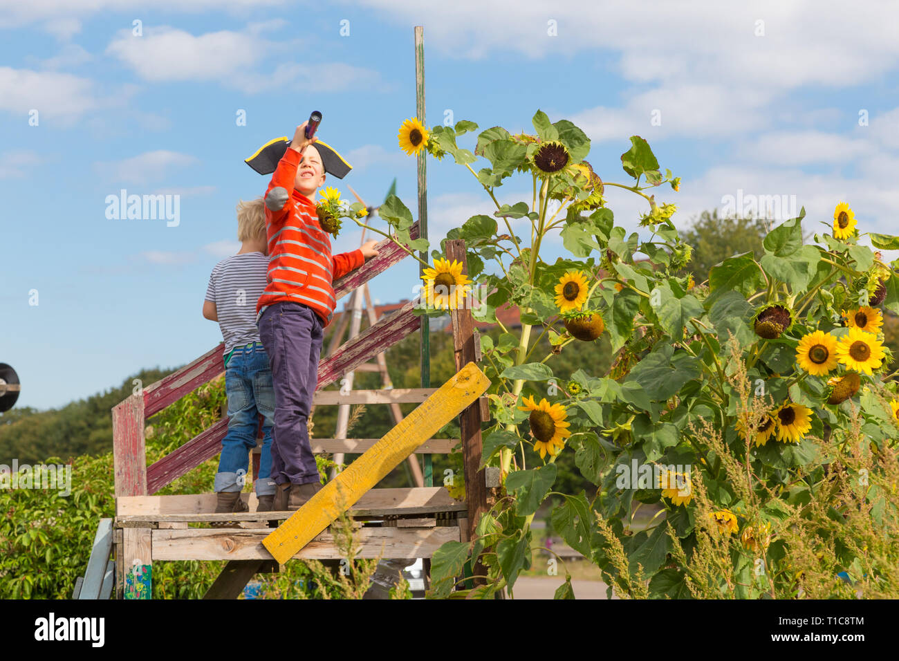 Kids playing pirates in urban gardens at Tempelhofer field, once airport, now a public park in Berlin, Germany Stock Photo