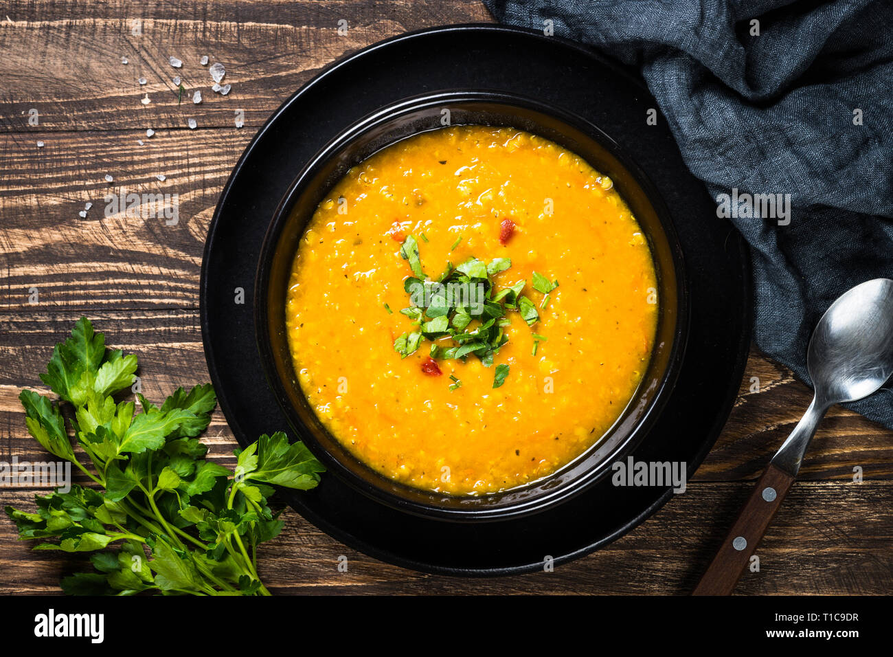 Red lentil soup top view. Stock Photo