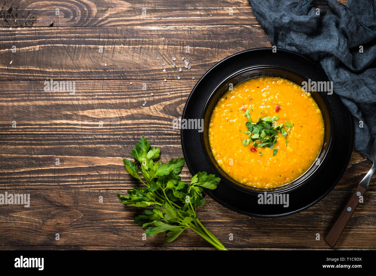 Red lentil soup top view Stock Photo - Alamy
