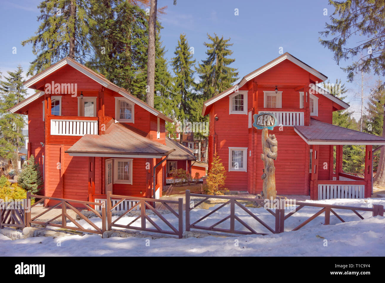 Alpin Hotel chalets at Borovets Ski station near Samokov, Bulgaria. Stock Photo