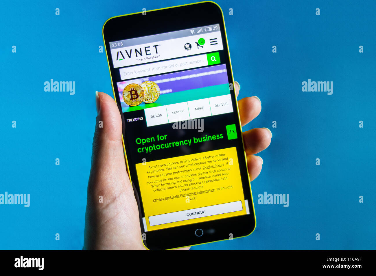 Berdyansk, Ukraine - March 23, 2019: Illustrative Editorial, Avnet website homepage. Avnet logo visible on the phone screen Stock Photo