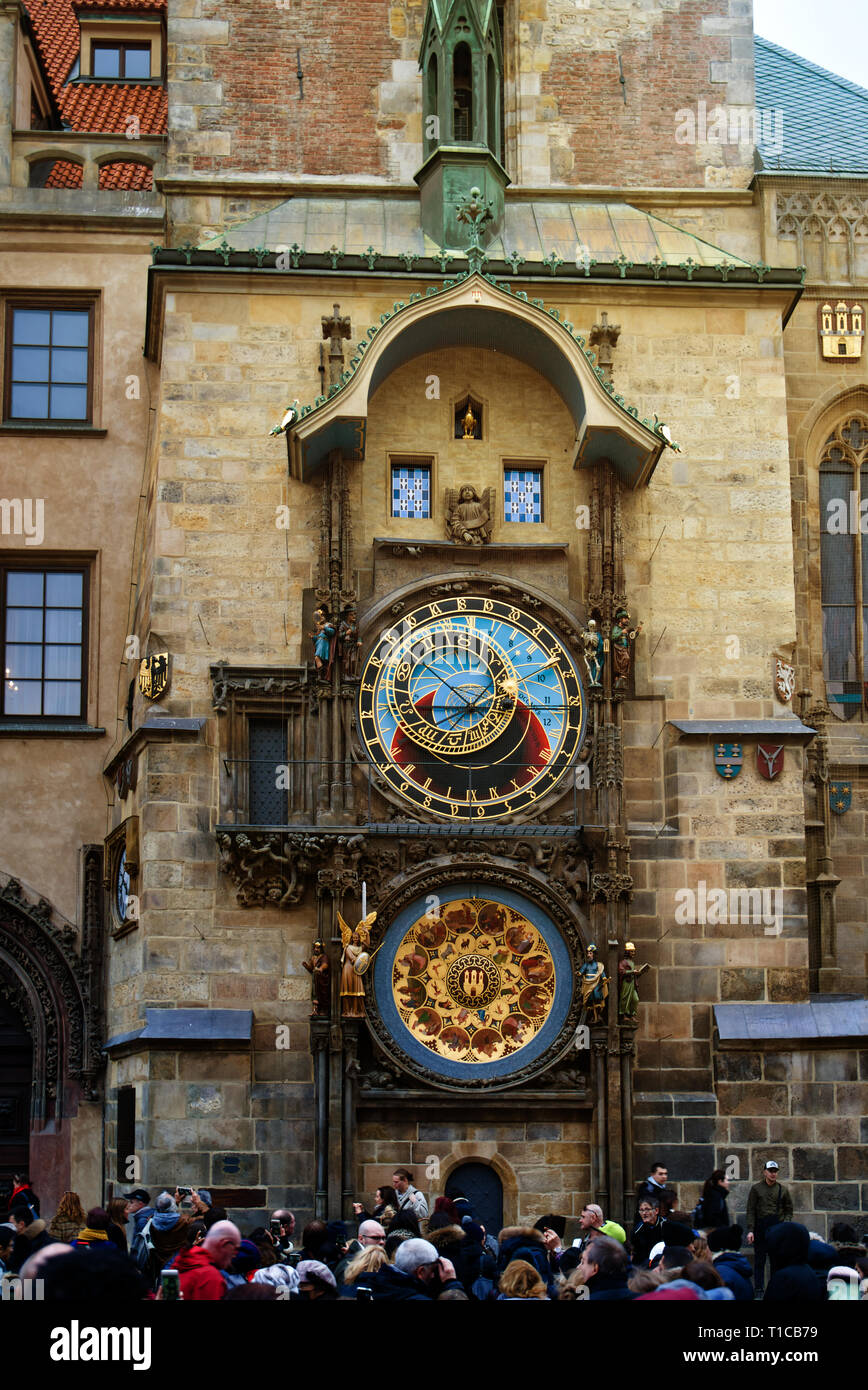 Prague, Czech Republic March 04, 2019 The clock on the Old Town