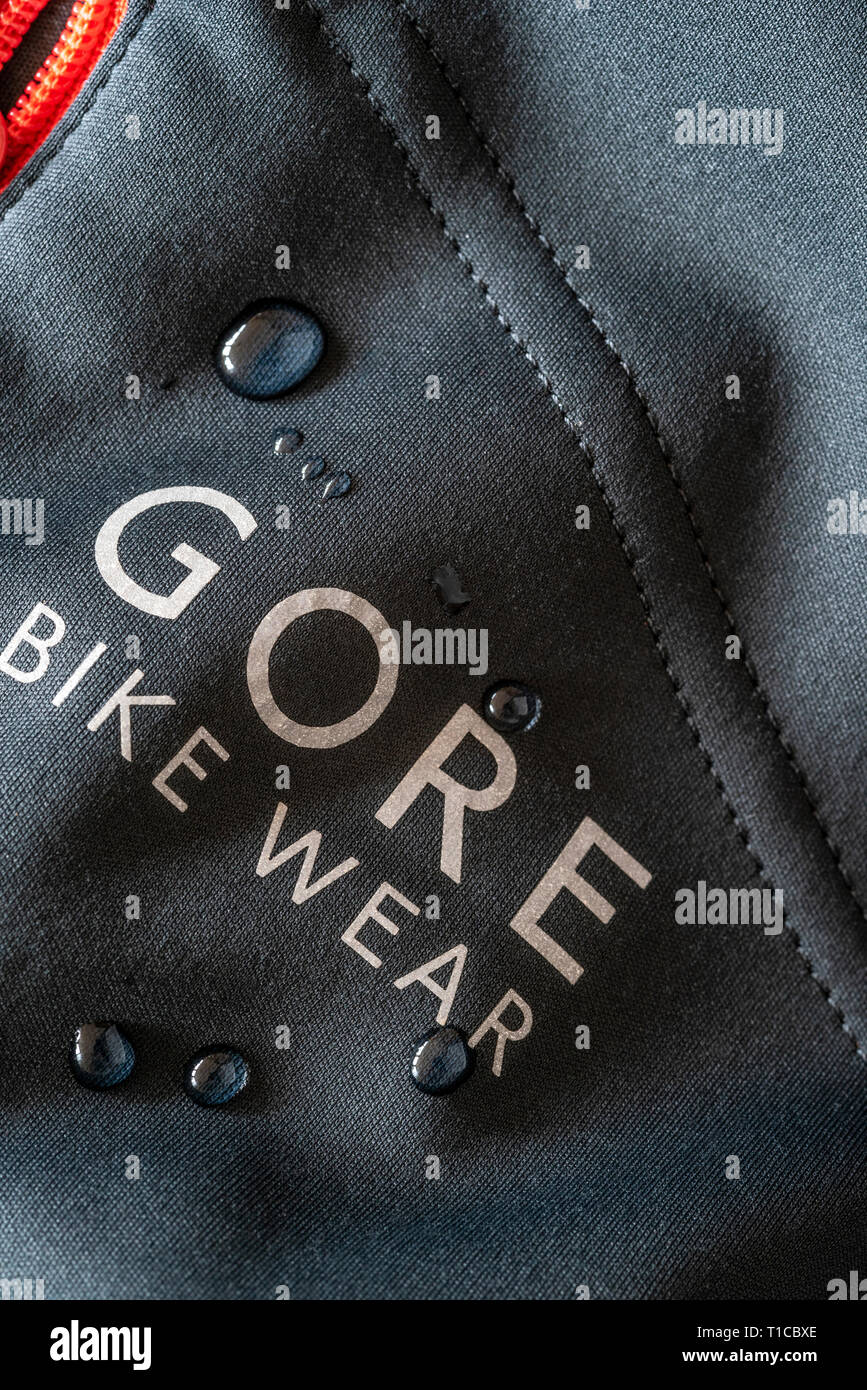 Goretex fabric with water droplets. Water resistant technical fabric. Stock Photo