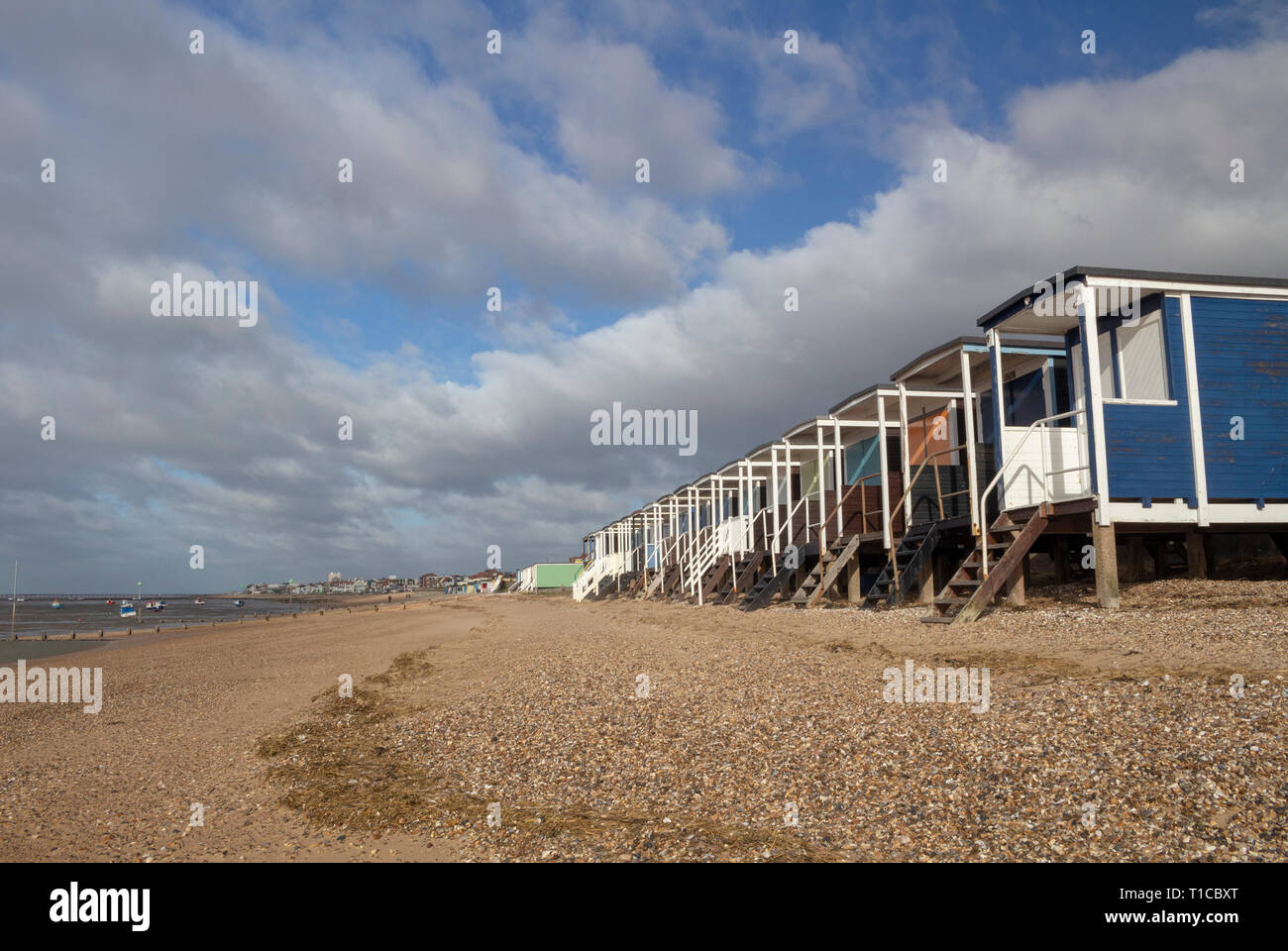Beach huts at Thorpe Bay, near SouthendonSea, Essex, England Stock