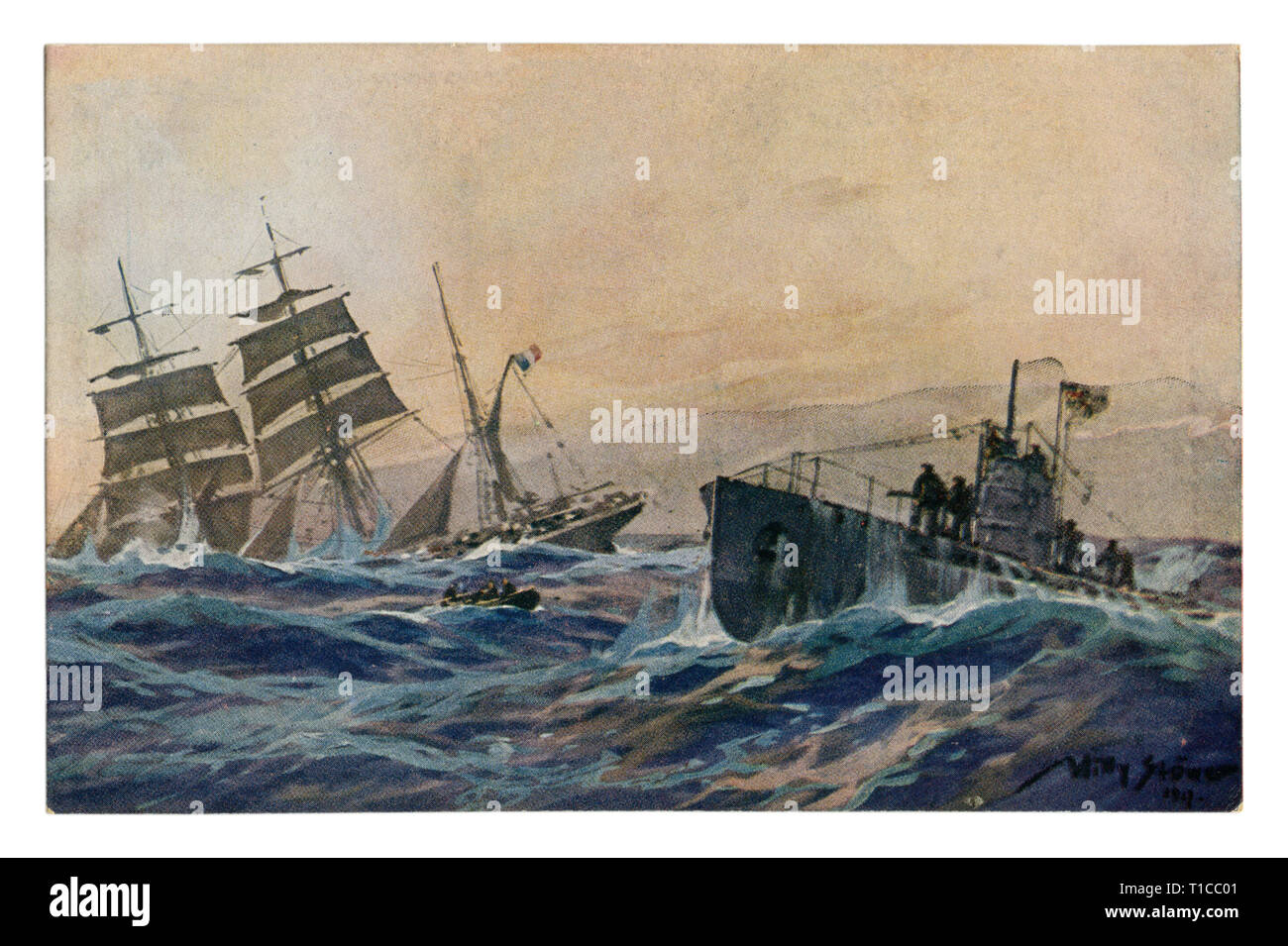 German historical postcard: French bark sunk by a German submarine. The crew of the sailboat on the boat sails to the u-boat, world war one 1914-1918. Stock Photo
