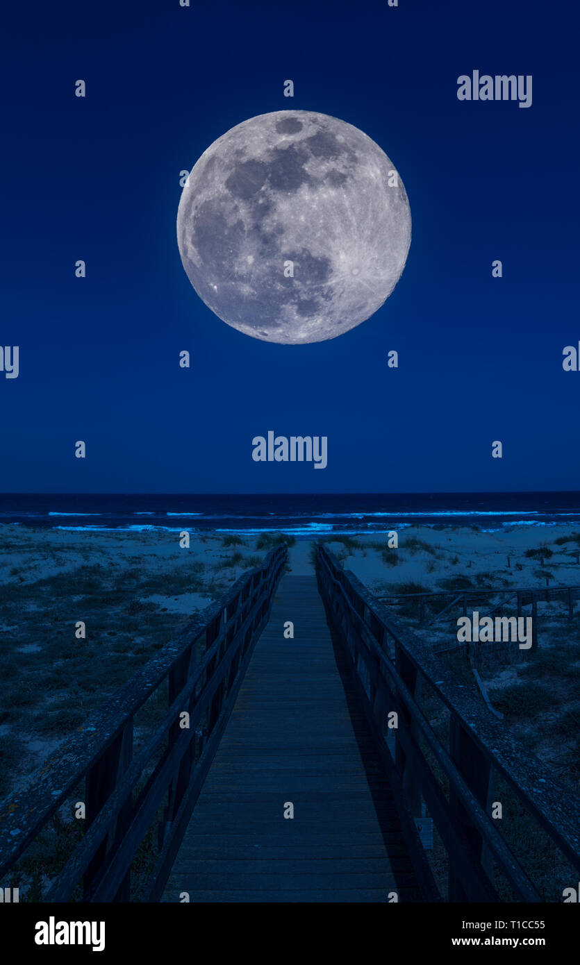 Wooden footbridge at night with supermoon Stock Photo