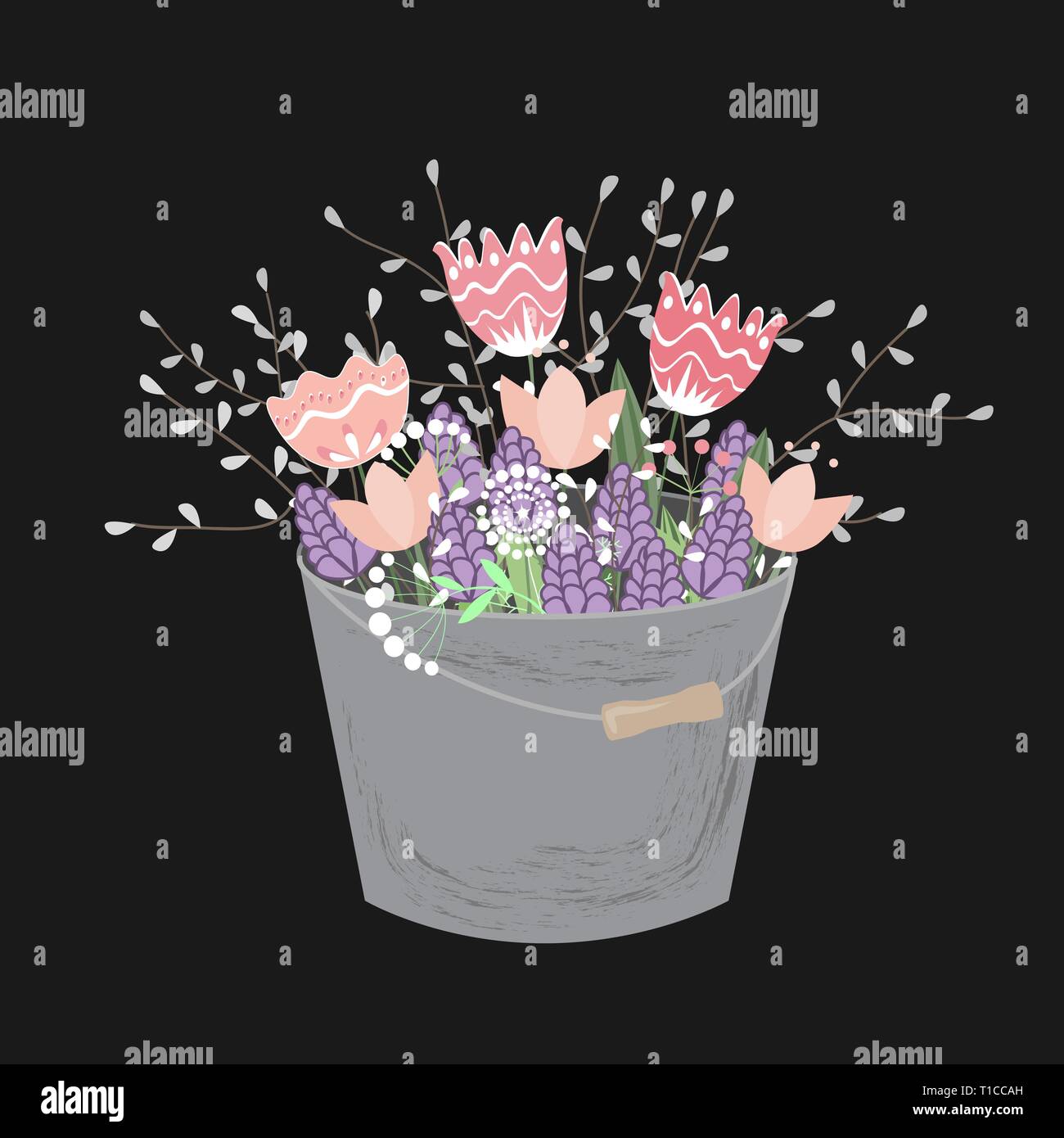 Bouquet of spring doodle flowers in grey bucket isolated on white background. Vector Spring floral composition with hyacinths, tulips, and willow. Stock Vector