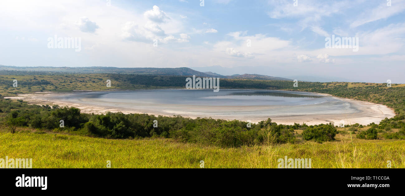 Panoramic view of Lake Nyamanyuka, a crater lake within Queen Elizabeth National Park in South West Uganda, East Africa Stock Photo