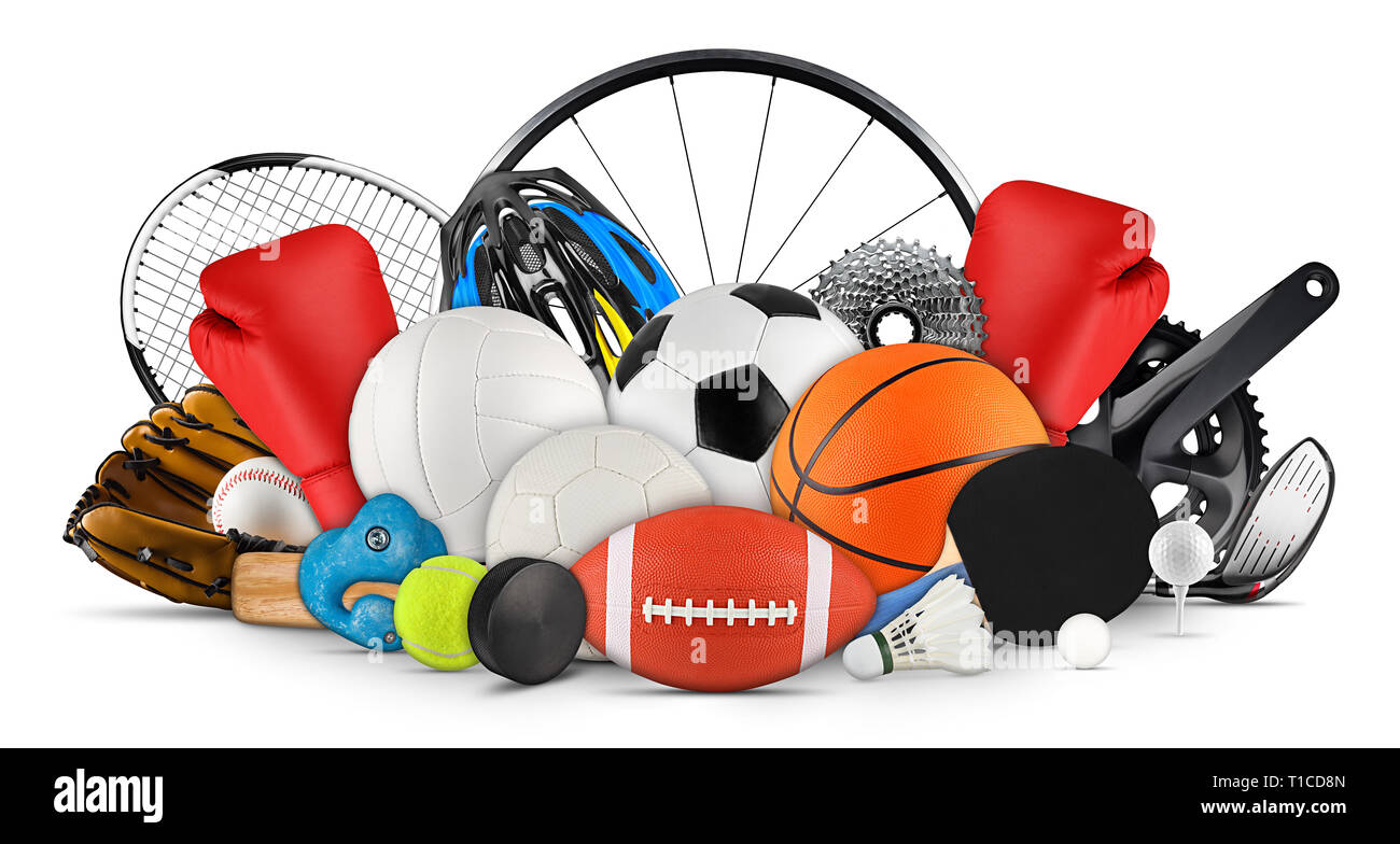 huge collection stack of sport balls gear equipment from various sports concept isolated on white background Stock Photo