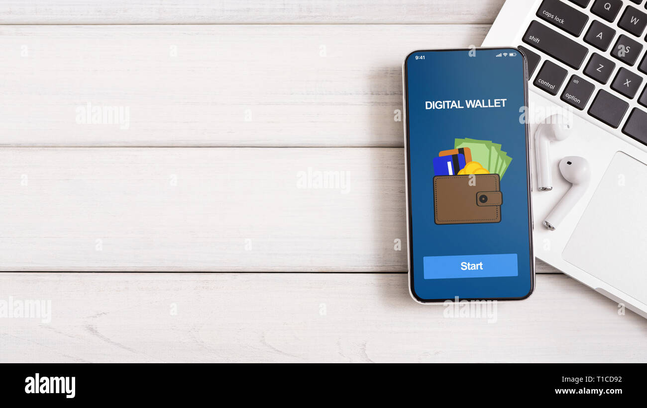 Modern Smartphone With Digital Wallet Application And Headphones Stock Photo Alamy