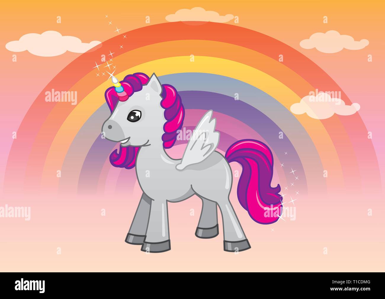 Vector illustration of magical unicorn in the afternoon sky with a ...
