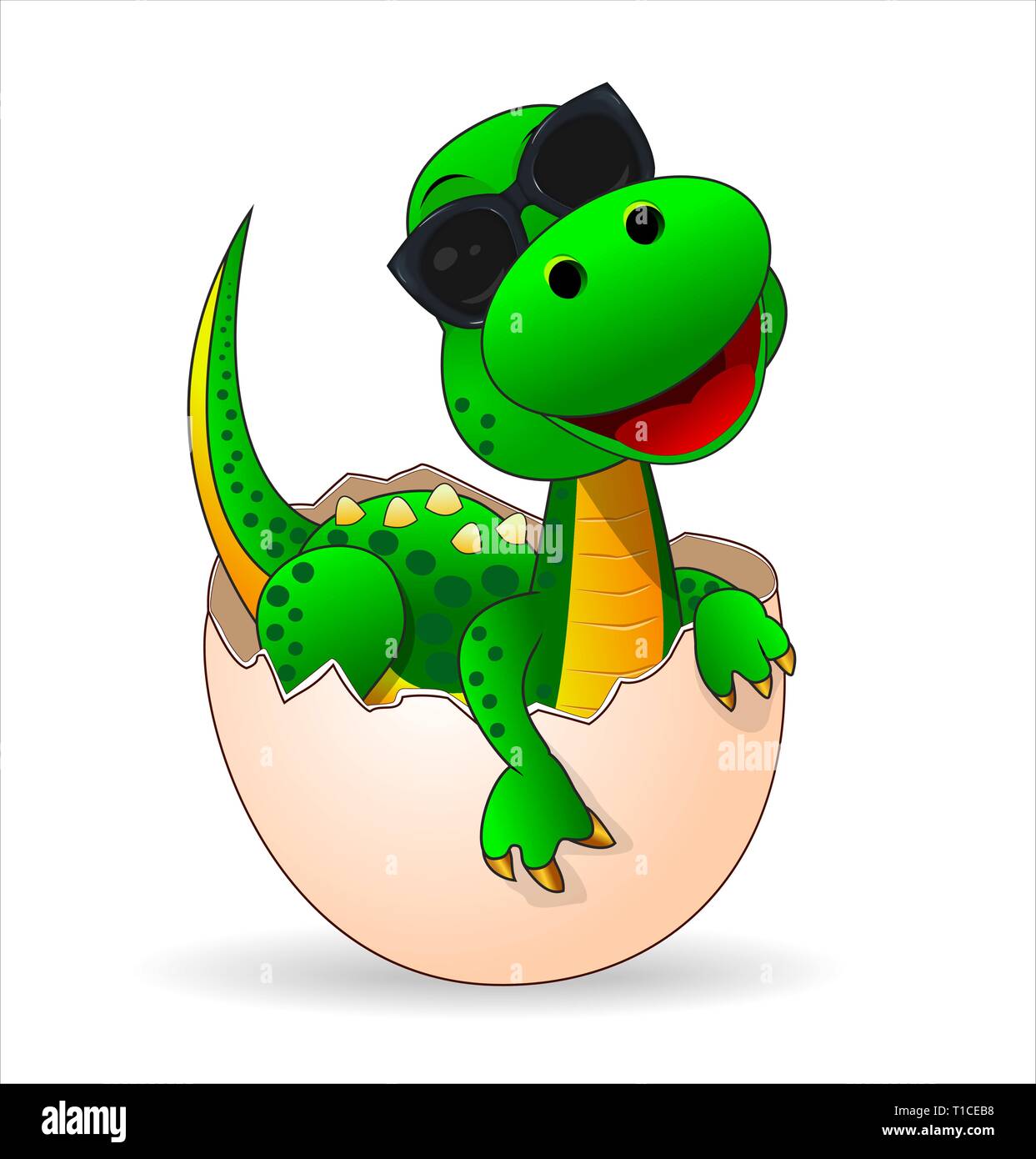 Small green dinosaur who just hatched from the egg. Cute dinosaur-baby in sunglasses. Stock Vector