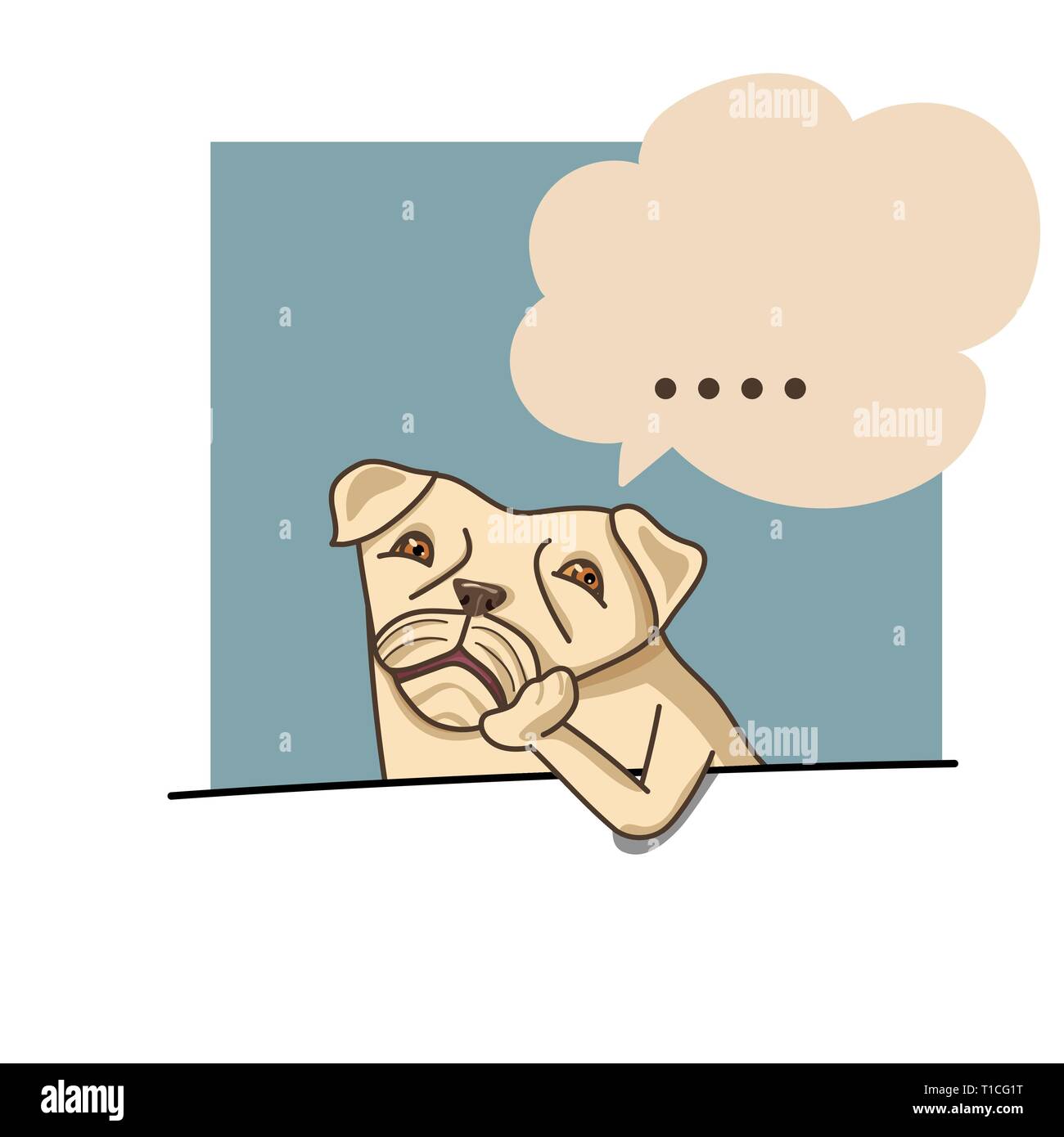 A pug dog rest its chin on his feet was thinking with blue background