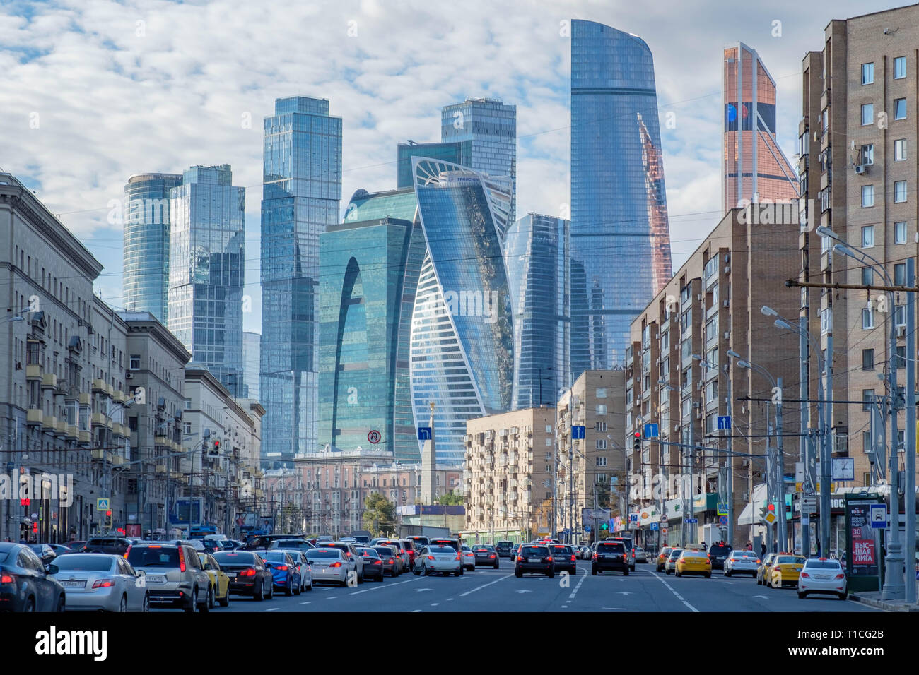 Moscow - 29 september 2018: City landscape with Moscow-City skyscrapers on background. Stock Photo