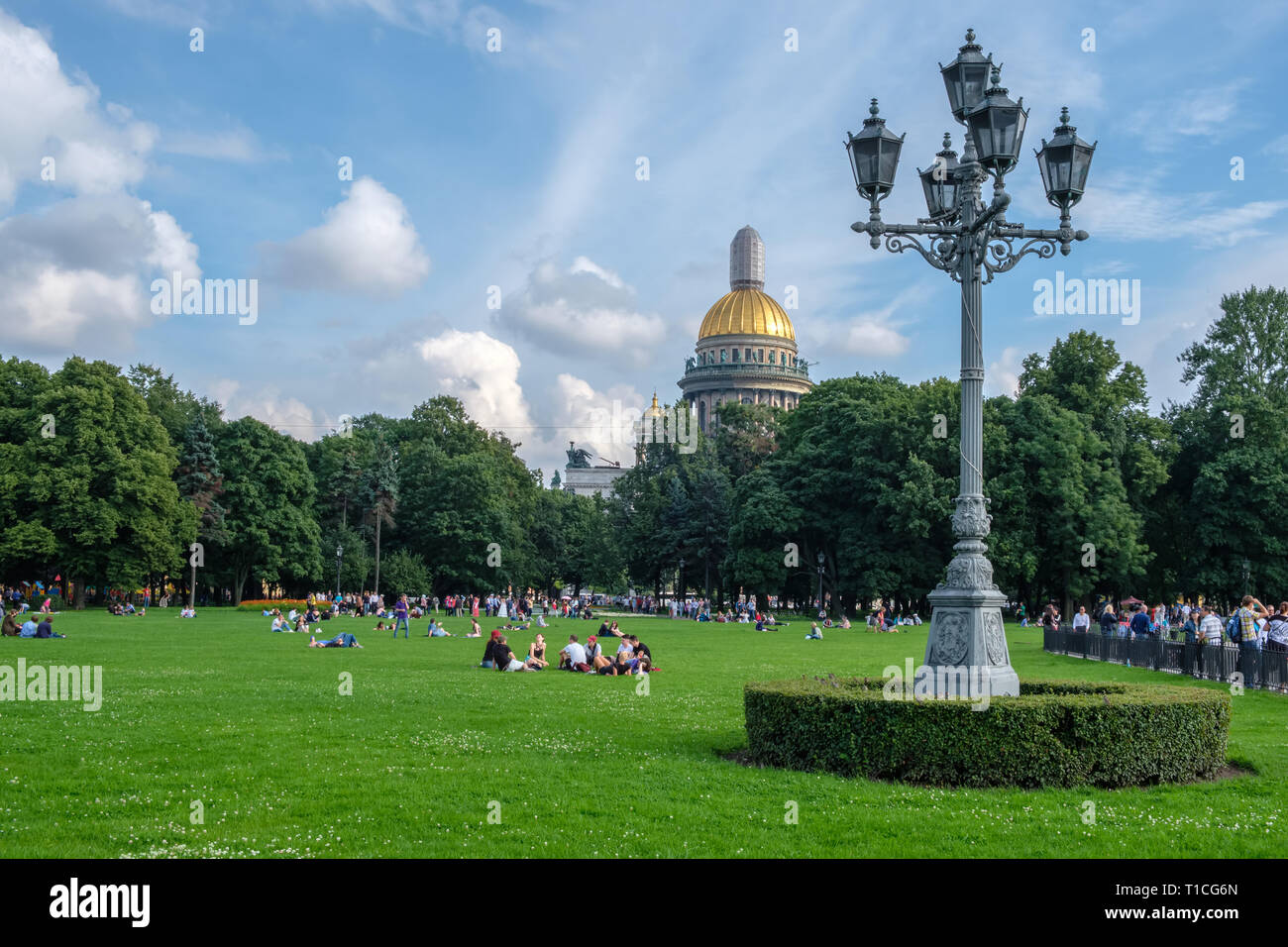 St. Petersburg, Russia, August 18, 2017 - City Park on the background of the Saint Isaac's  Cathedral (Isaakievskiy Sobor). Stock Photo