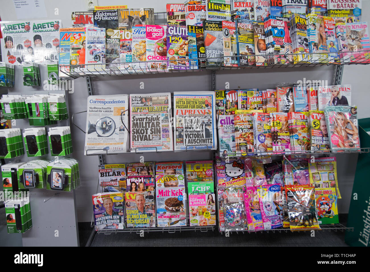ULRIKA 20150128 Newspapers in a shop in the countryside. Photo Jeppe Gustafsson Stock Photo