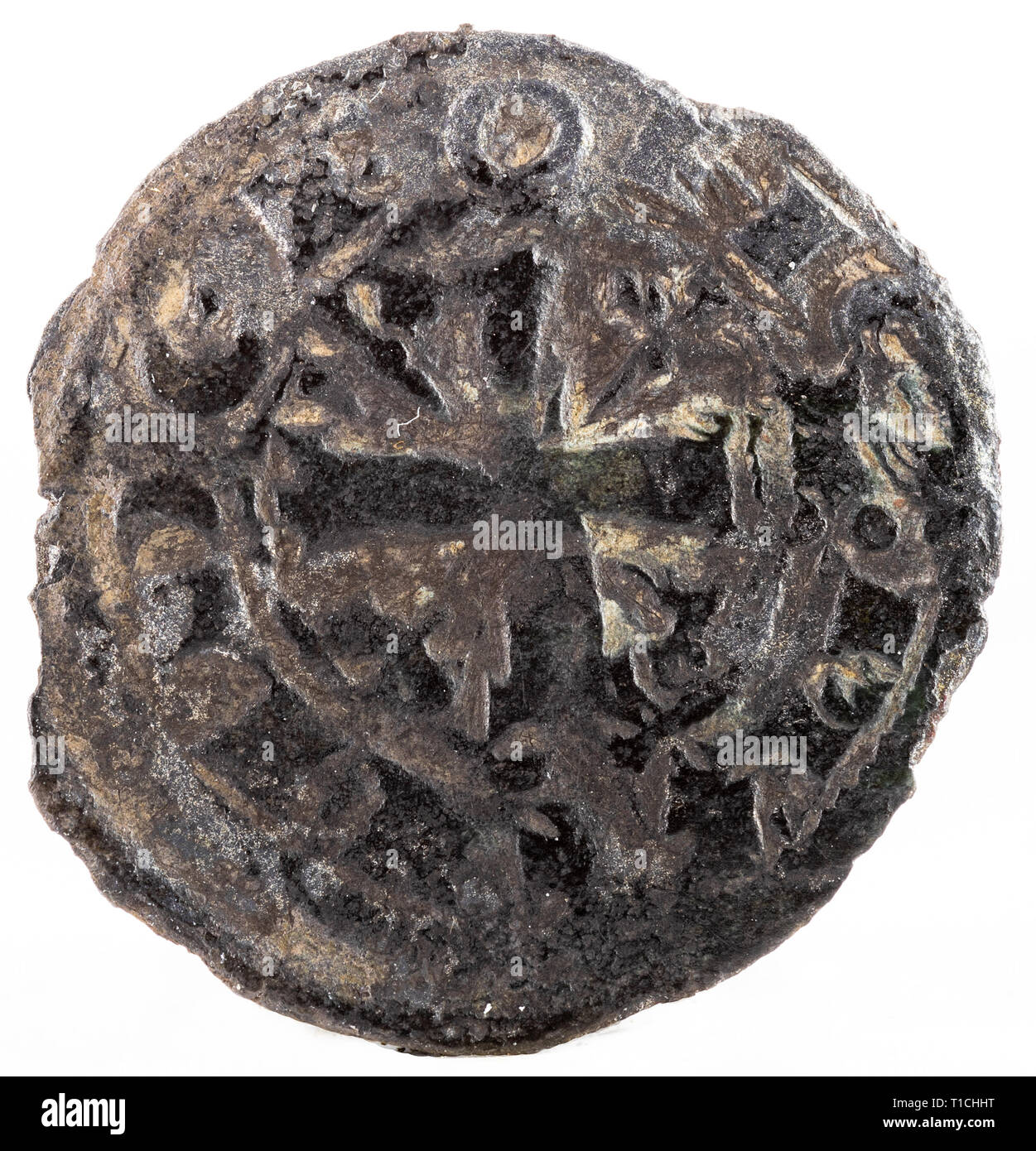 Ancient medieval fleece coin of the King Alfonso IX. Dinero. Spain. Obverse. Stock Photo