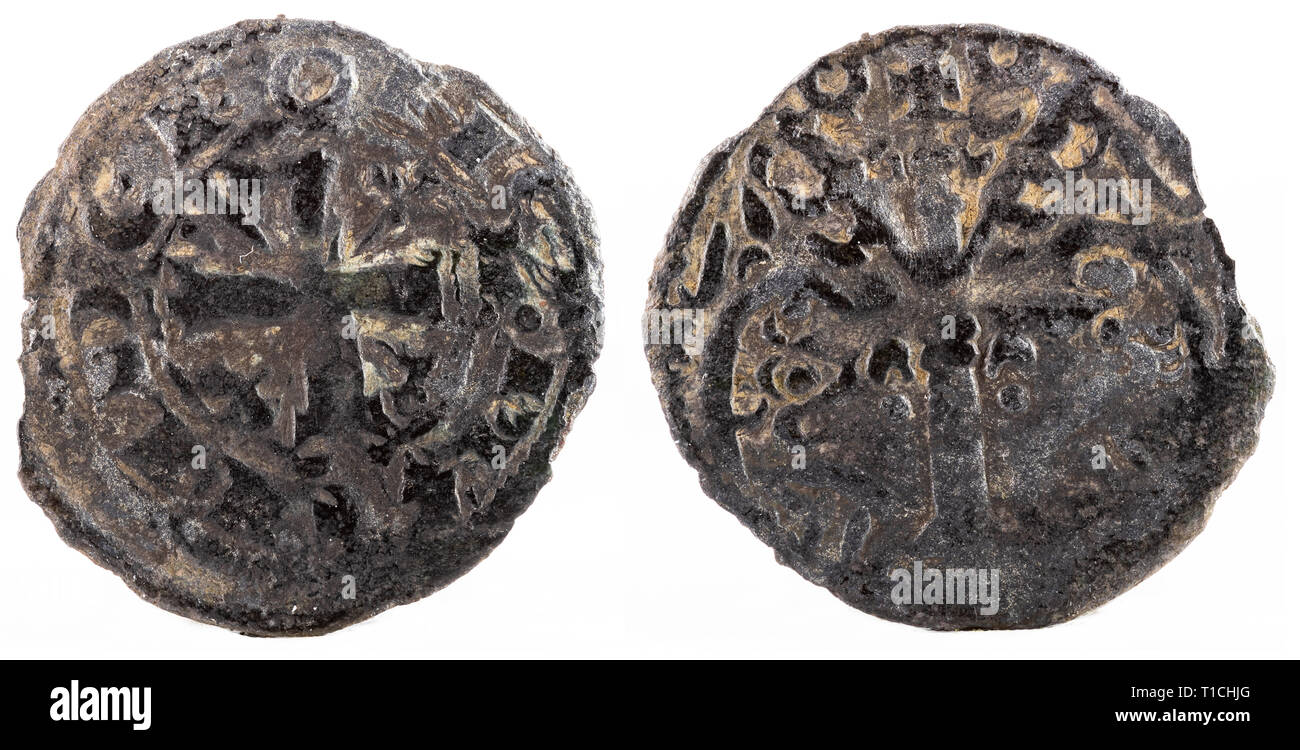 Ancient medieval fleece coin of the King Alfonso IX. Dinero. Spain. Stock Photo