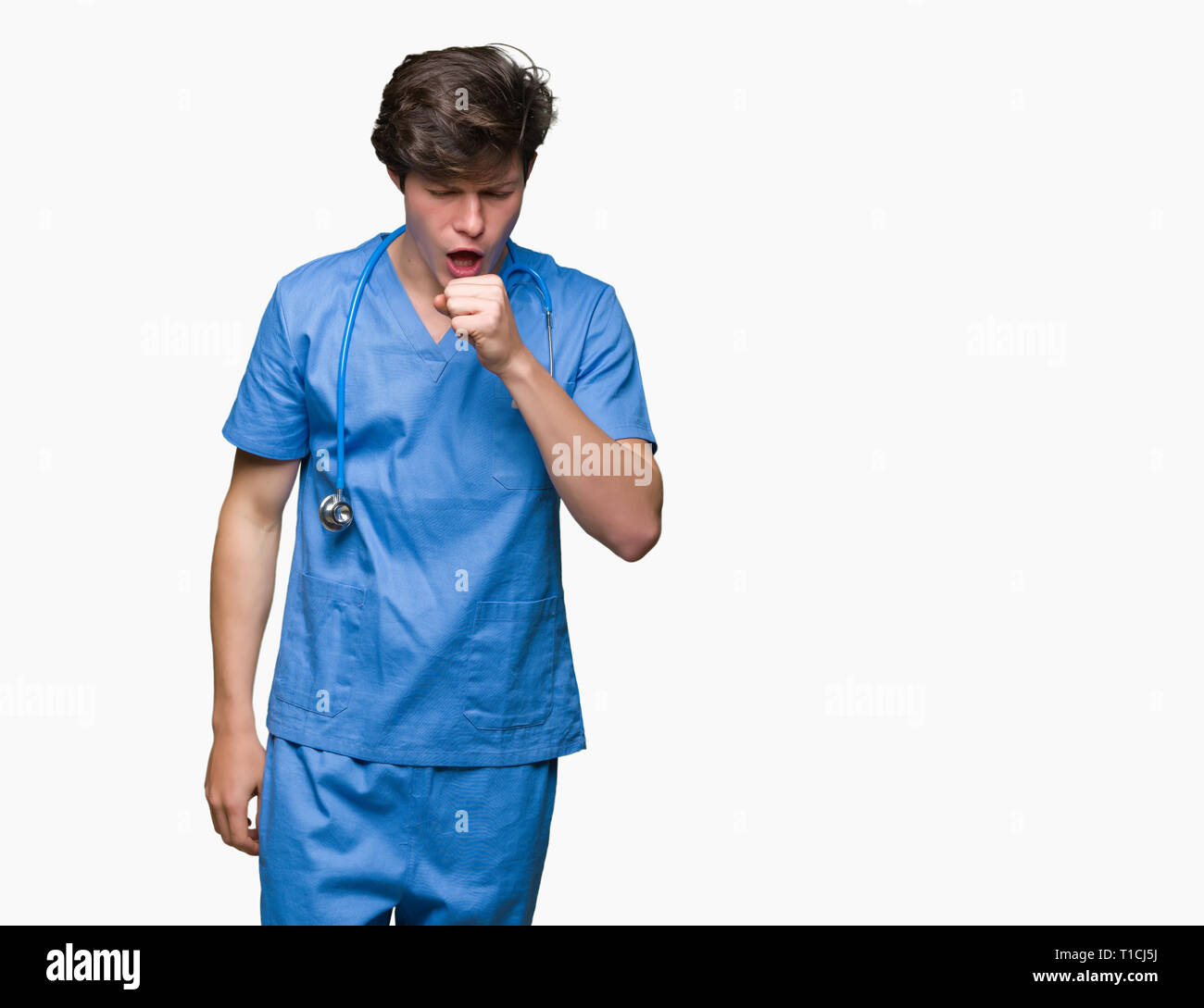 Young doctor wearing medical uniform over isolated background feeling unwell and coughing as