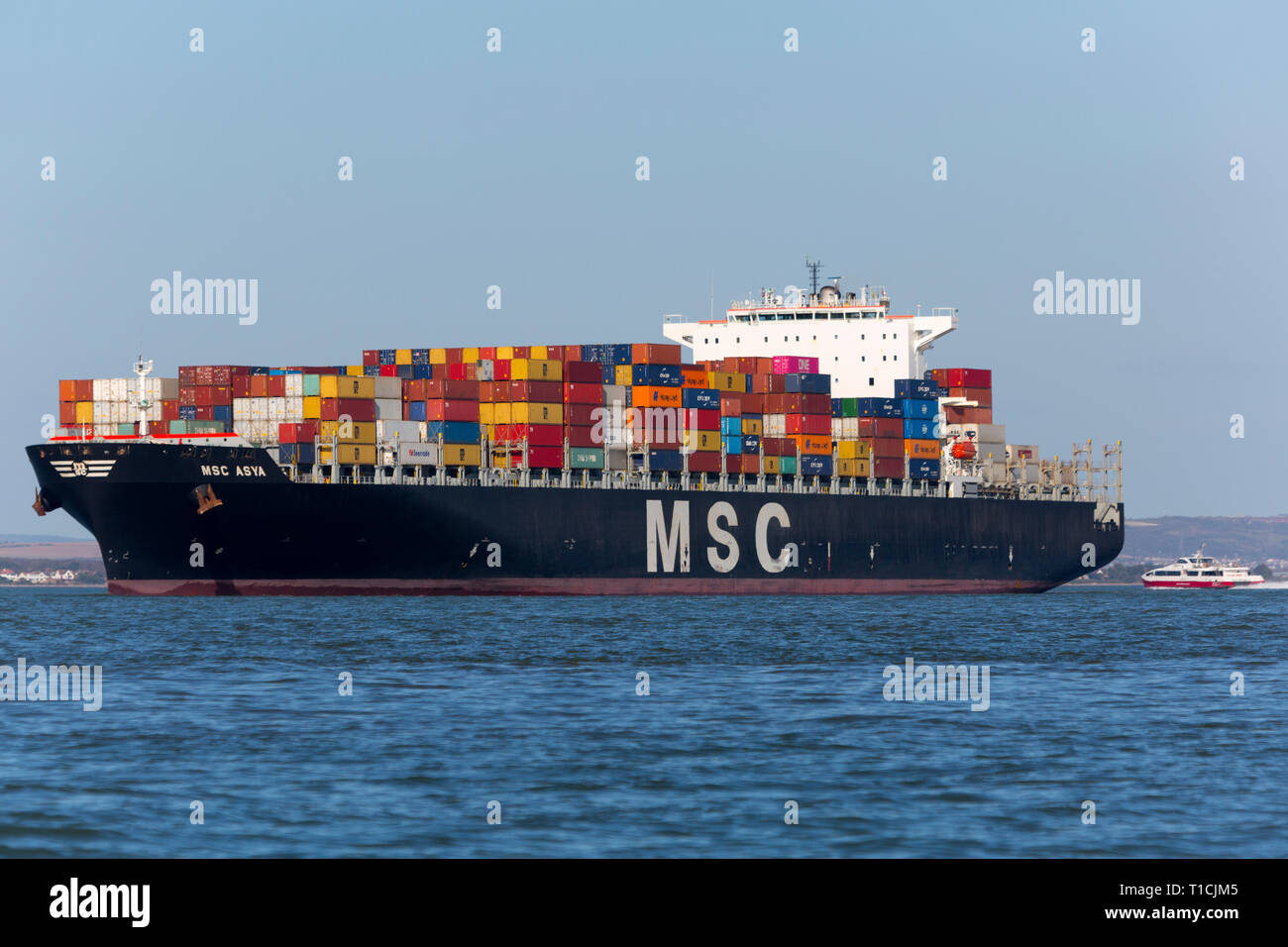 MSC,Asya,The Solent,off,Cowes,Isle of Wight,Southampton,Container,Ship,Terminal,England, UK,, Stock Photo