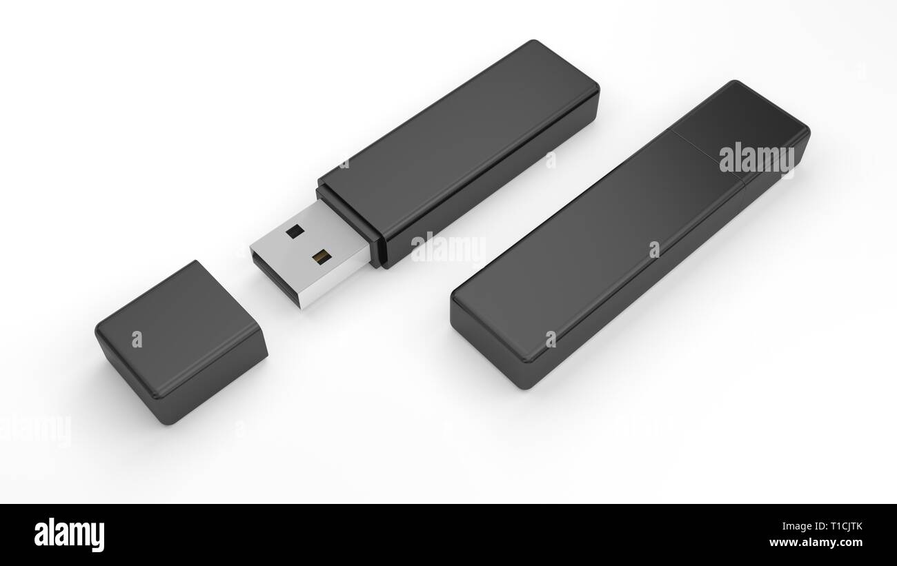 Black USB flash drive isolated on white background. Pen drive. Flash stick. 3d illustration. Stock Photo