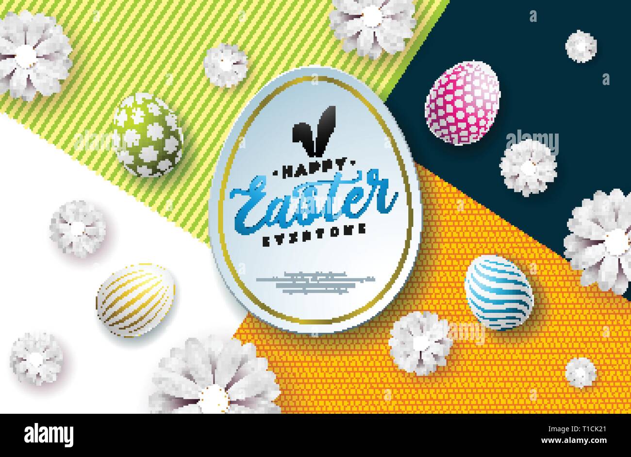 Vector Illustration of Happy Easter Holiday with Painted Egg, Rabbit ...